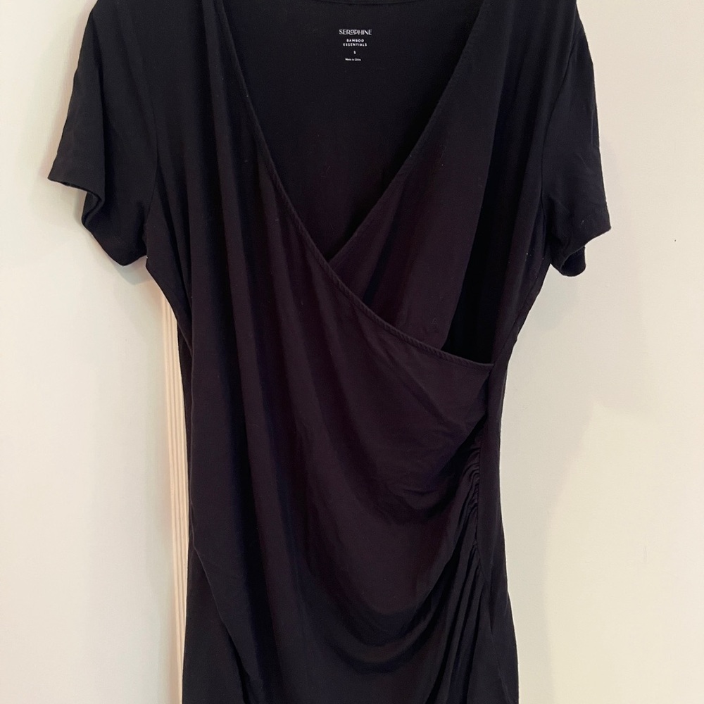 Seraphine Maternity and Nursing Black Wrap Ruched Short Sleeve Blouse - Small